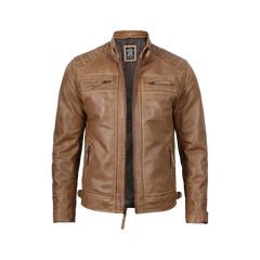 Tall Men's Distressed Camel Brown Cafe Racer Leather Jacket