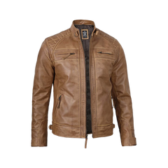 Tall Men's Distressed Camel Brown Cafe Racer Leather Jacket