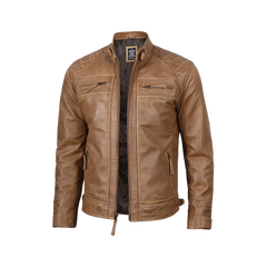 Tall Men's Distressed Camel Brown Cafe Racer Leather Jacket