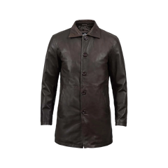 Tall Men's Distressed Dark Brown Leather Car Coat
