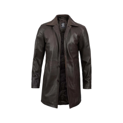 Tall Men's Distressed Dark Brown Leather Car Coat