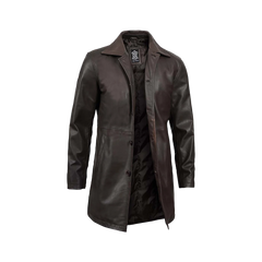 Tall Men's Distressed Dark Brown Leather Car Coat