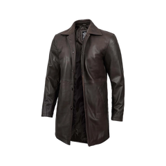 Tall Men's Distressed Dark Brown Leather Car Coat