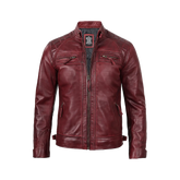 Tall Men's Real Leather Burgundy Biker Jacket