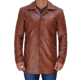 Tan Tall Men's Distressed Leather Car Coat