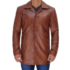 Tan Tall Men's Distressed Leather Car Coat