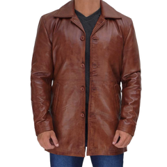 Tan Tall Men's Distressed Leather Car Coat