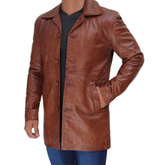Tan Tall Men's Distressed Leather Car Coat