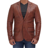 Tan Two Button Mens Brown Leather Blazer