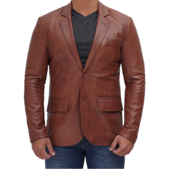 Tan Two Button Mens Brown Leather Blazer