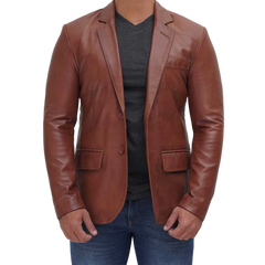 Tan Two Button Mens Brown Leather Blazer