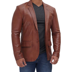 Tan Two Button Mens Brown Leather Blazer