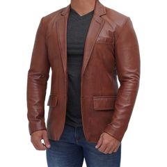 Tan Two Button Mens Brown Leather Blazer