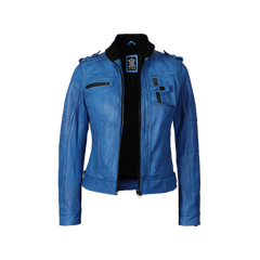 Tavares Women's Distressed Blue Leather Biker Style Jacket