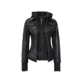 Tralee Black Bomber Women's Leather Jacket With Removable Hood
