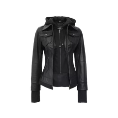 Tralee Black Bomber Women's Leather Jacket With Removable Hood