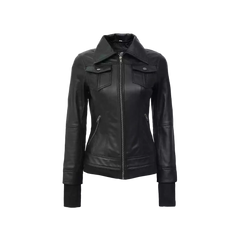 Tralee Black Bomber Women's Leather Jacket With Removable Hood