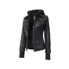 Tralee Black Bomber Women's Leather Jacket With Removable Hood
