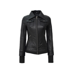 Tralee Black Bomber Women's Leather Jacket With Removable Hood