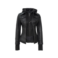 Tralee Black Bomber Women's Leather Jacket With Removable Hood