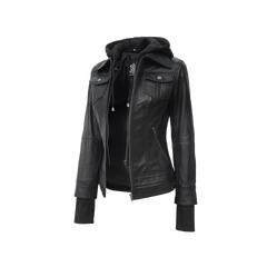 Tralee Black Bomber Women's Leather Jacket With Removable Hood