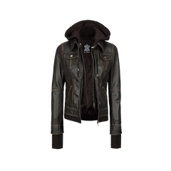 Tralee Dark Brown Women Leather Jacket With Hood