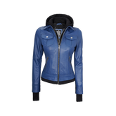 Tralee Women's Blue Leather Jacket with Removable Hood