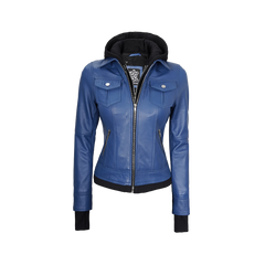 Tralee Women's Blue Leather Jacket with Removable Hood