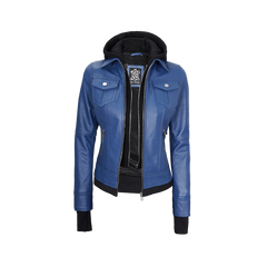 Tralee Women's Blue Leather Jacket with Removable Hood
