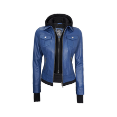 Tralee Women's Blue Leather Jacket with Removable Hood