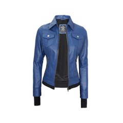 Tralee Women's Blue Leather Jacket with Removable Hood