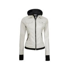 Tralee Women's Bomber Off White Leather Jacket with Hood