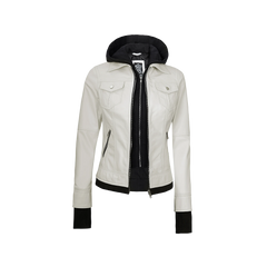 Tralee Women's Bomber Off White Leather Jacket with Hood