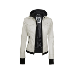 Tralee Women's Bomber Off White Leather Jacket with Hood