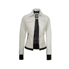 Tralee Women's Bomber Off White Leather Jacket with Hood