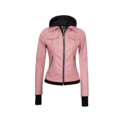 Tralee Women's Bomber Pink Real Leather Jacket with Hood