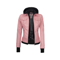 Tralee Women's Bomber Pink Real Leather Jacket with Hood