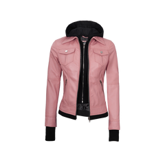 Tralee Women's Bomber Pink Real Leather Jacket with Hood