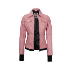 Tralee Women's Bomber Pink Real Leather Jacket with Hood