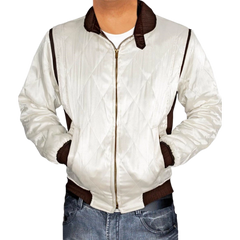 White Scorpion Satin Quilted Bomber Jacket For Men