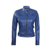 Women Blue Diamond Cafe Racer Real Leather Jacket