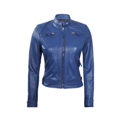 Women Blue Diamond Cafe Racer Real Leather Jacket