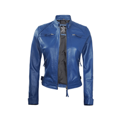 Women Blue Diamond Cafe Racer Real Leather Jacket