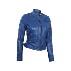 Women Blue Diamond Cafe Racer Real Leather Jacket