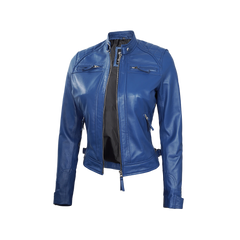 Women Blue Diamond Cafe Racer Real Leather Jacket