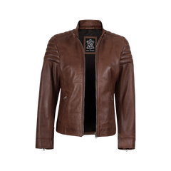 Women's Cognac Brown Cafe Racer Leather Jacket