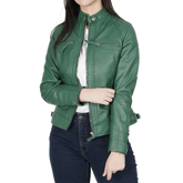 Women Green Diamond Cafe Racer Real Leather Jacket