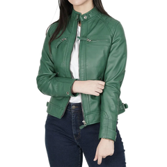 Women Green Diamond Cafe Racer Real Leather Jacket