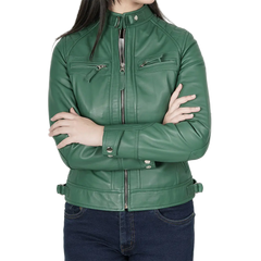 Women Green Diamond Cafe Racer Real Leather Jacket