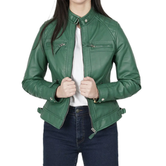 Women Green Diamond Cafe Racer Real Leather Jacket